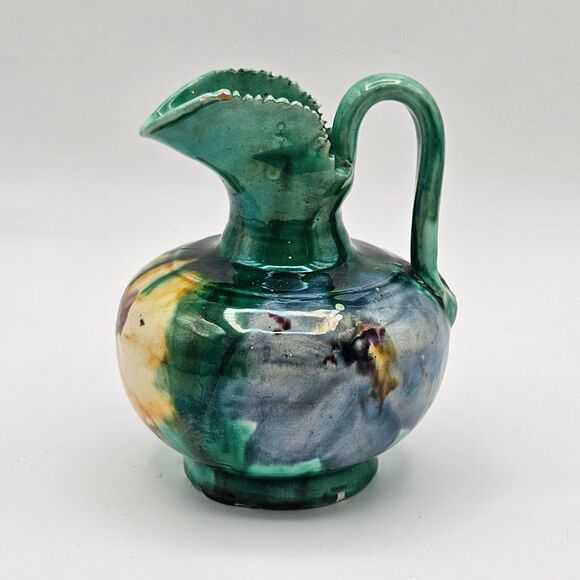 Oaxaca Mexico Dripware Ceramic Art Pottery Pitcher Flowers Green Vintage - Picture 2 of 12